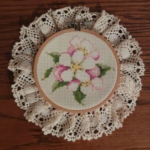 Beautiful 'n Complete Handmade "APPLE BLOSSOM" Cross Stitched in Loop Lace Trim